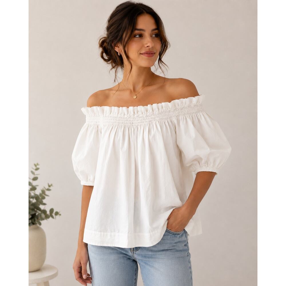 J.Crew Re-Imagined White Puff Sleeve Smocked Peasant Blouse Women’s Size Small
